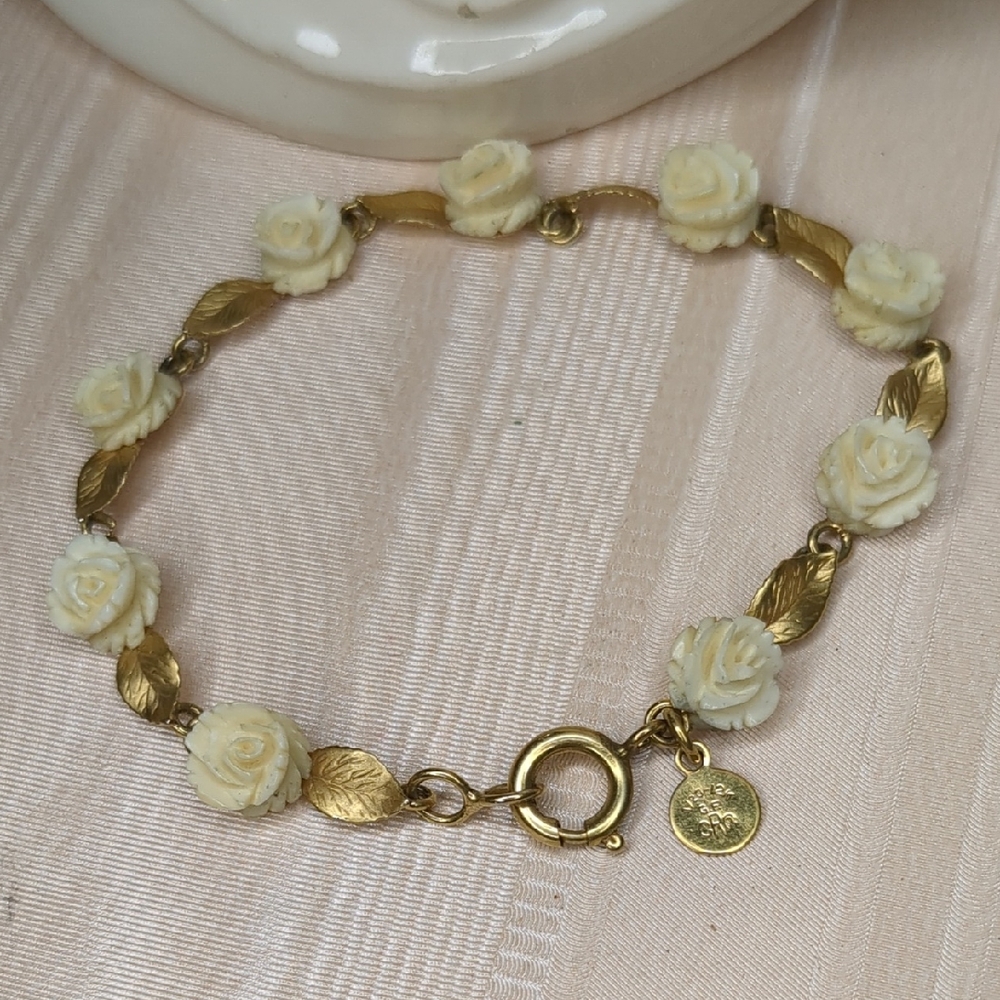 Vintage 50s 12k Gold Fileld Bracelet Carved Ivory Roses & Leaf Design